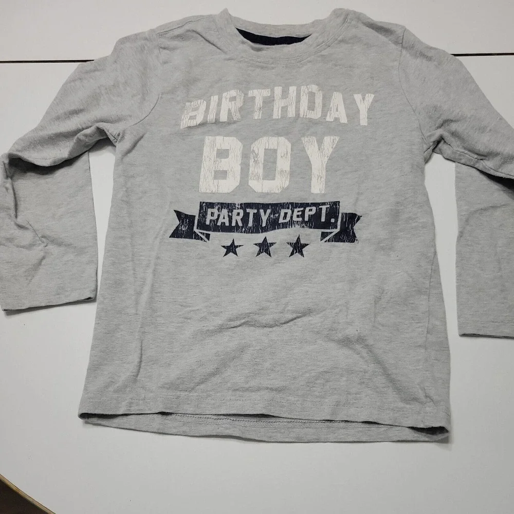 Birthday Boys 4T Gymboree Shirt Gray Cotton Long Sleeve Crew Neck Party Dept Tee